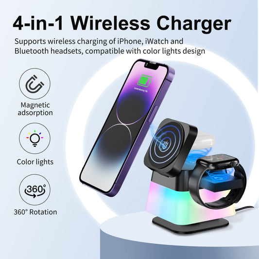 4 In 1 Rotatable Colorful Lighting Wireless  Fast Charging Station